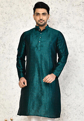 Embellished Art Silk Kurta in Teal Blue