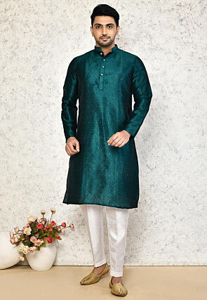 Embellished Art Silk Kurta Set in Teal Blue