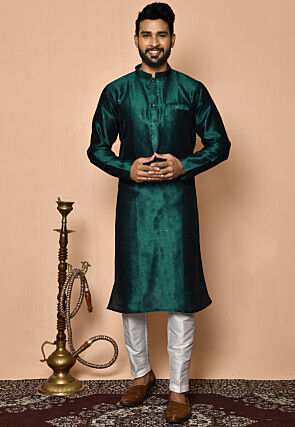 Embellished Art Silk Kurta Set in Teal Green
