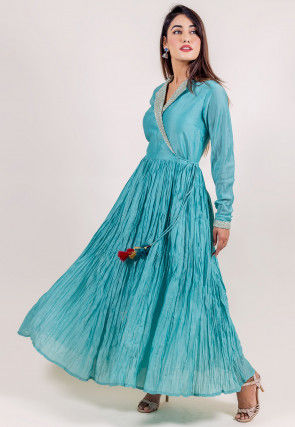 Embellished Art Silk Maxi Dress in Light Blue