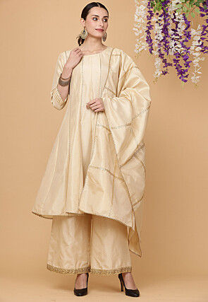 Embellished Art Silk Pakistani Suit in Beige