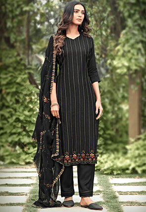 Embroidered Art Silk Pakistani Suit in Black