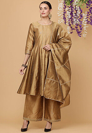 Embellished Art Silk Pakistani Suit in Dark Beige