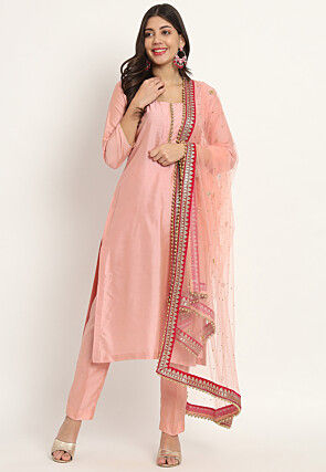 Embellished Art Silk Pakistani Suit in Peach