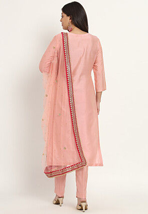 Embellished Art Silk Pakistani Suit in Peach
