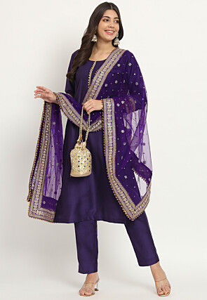 Embellished Art Silk Pakistani Suit in Purple