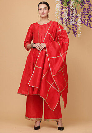 Embellished Art Silk Pakistani Suit in Red