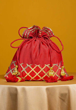 Embellished Art Silk Potli Bag in Coral Red