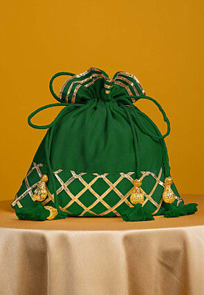 Embellished Art Silk Potli Bag in Dark Green