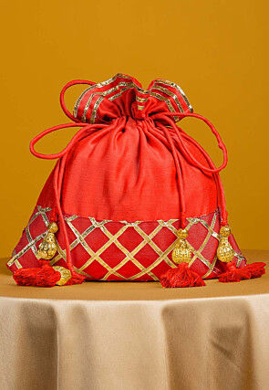 Embellished Art Silk Potli Bag in Orange