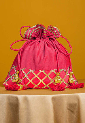 Embellished Art Silk Potli Bag in Pink