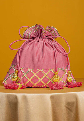 Embellished Art Silk Potli Bag in Pink