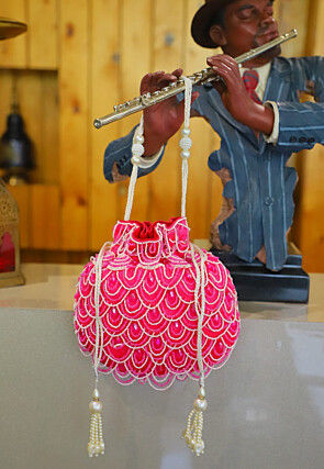 Embellished Art Silk Potli Bag in Pink