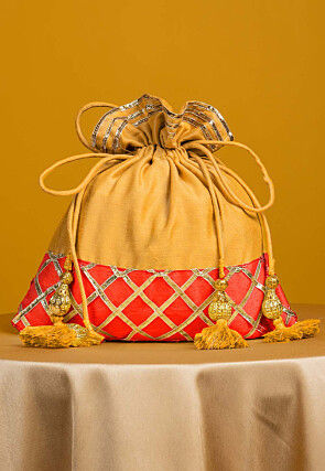 Embellished Art Silk Potli Bag in Yellow and Orange