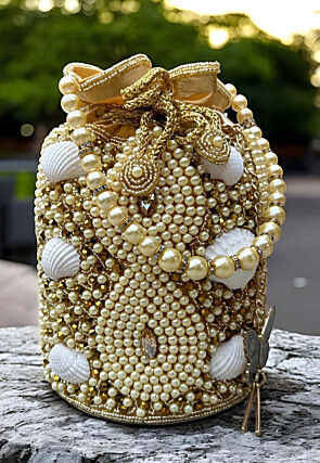 Embellished Art Silk Potli in Golden