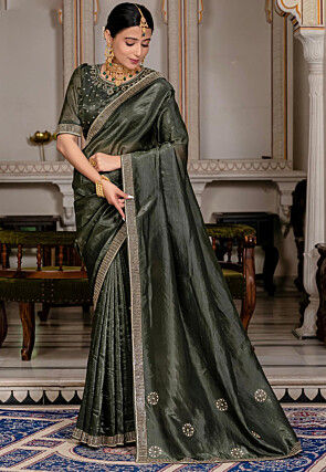 Embellished Art Silk Saree in Dark Green