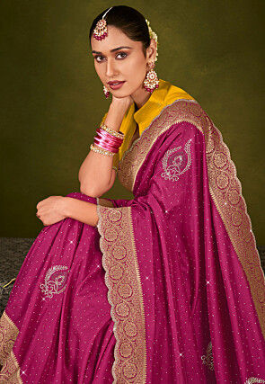 Embellished Art Silk Scalloped Saree in Fuchsia
