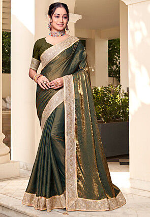 Embellished Art Silk Saree in Olive Green