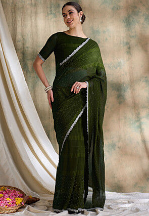Embellished Art Silk Saree in Olive Green