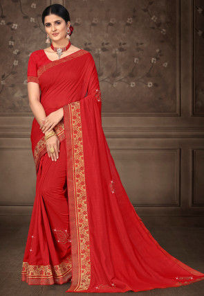Embellished Art Silk Saree in Red