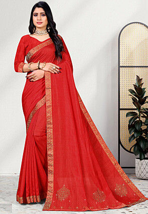 Embellished Art Silk Saree in Red