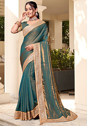 Embellished Art Silk Saree in Teal Blue