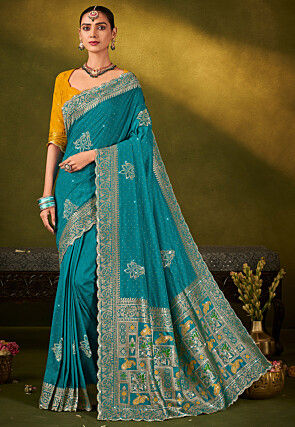 Embellished Art Silk Scalloped Saree in Teal Blue