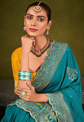 Embellished Art Silk Scalloped Saree in Teal Blue