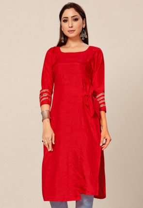 Embellished Art Silk Straight Kurta in Red