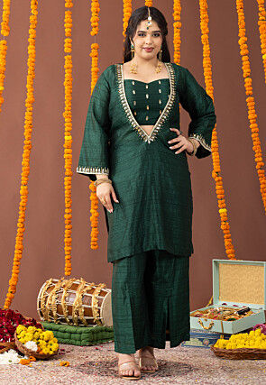 Embellished Art Silk Straight Kurta Set in Dark Green