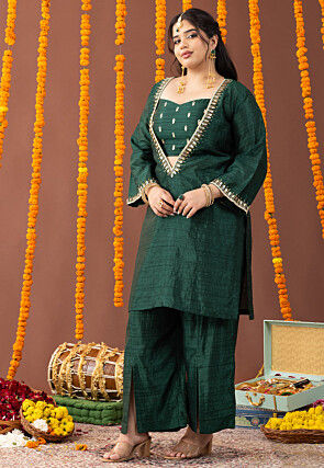 Embellished Art Silk Straight Kurta Set in Dark Green