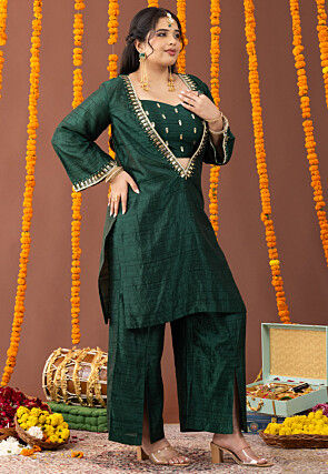 Embellished Art Silk Straight Kurta Set in Dark Green