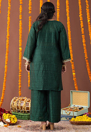 Embellished Art Silk Straight Kurta Set in Dark Green