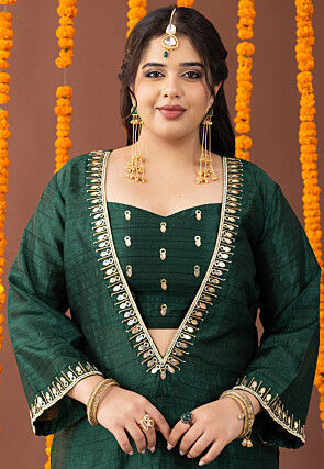 Embellished Art Silk Straight Kurta Set in Dark Green