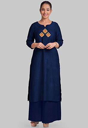 Embellished Art Silk Straight Kurta Set in Indigo Blue