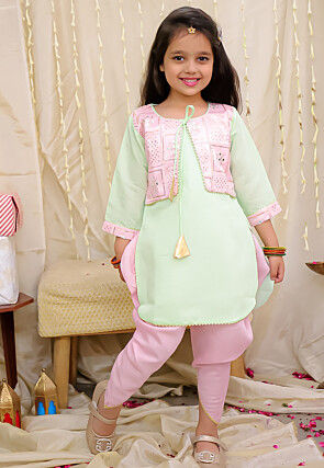 Embellished Art Silk Straight Kurta Set in Light Green and Pink