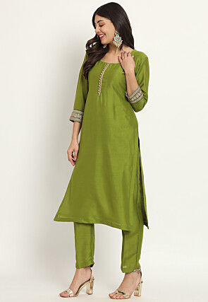 Embellished Art Silk Straight Kurta Set in Olive Green