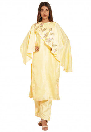 Embellished Art Silk Straight Kurta Set in Pastel Yellow