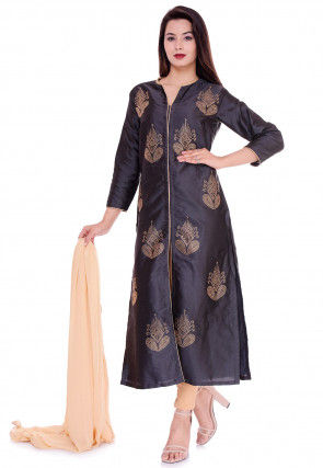 Embellished Art Silk Straight Suit in Dark Grey