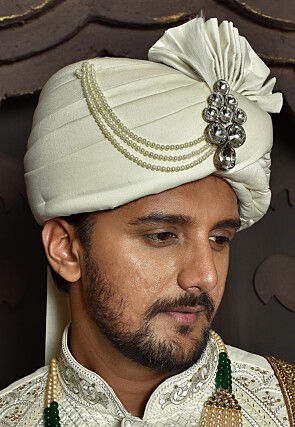 Embellished Art Silk Turban in Off White