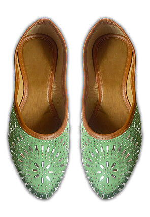 Embellished Art Silk Women Jutti in Light Green