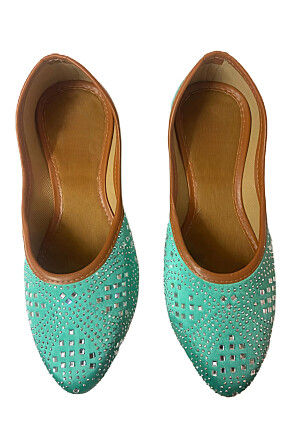 Embellished Art Silk Women Jutti in Sea Green