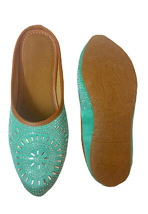 Embellished Art Silk Women Mules in Turquoise