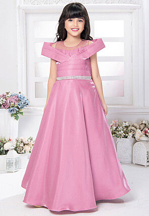 Embellished Belt Satin Gown in Pink