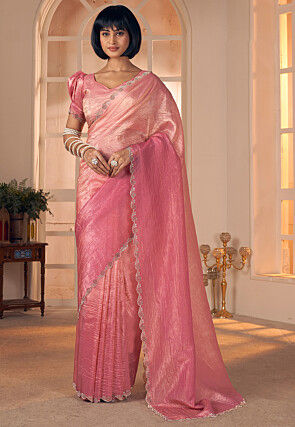 Embellished Border Art Silk Crushed Scalloped Saree in Pink