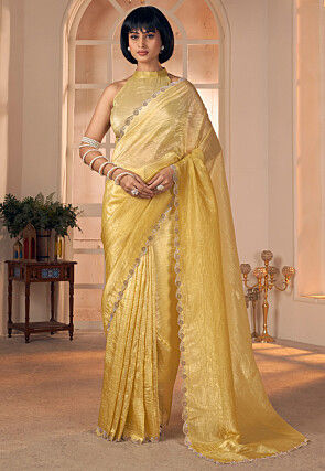 Ombre Art Silk Crushed Scalloped Saree in Yellow