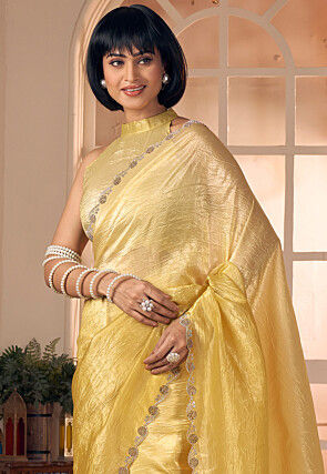 Ombre Art Silk Crushed Scalloped Saree in Yellow