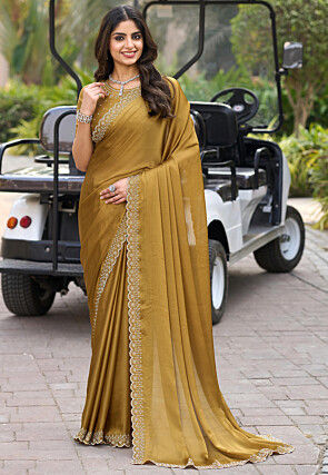 Embellished Border Chiffon Scalloped Saree in Mustard