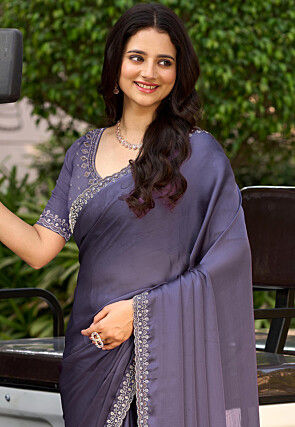 Embellished Border Chiffon Scalloped Saree in Purple