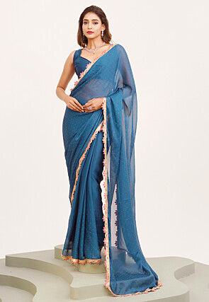 Embellished Border Chiffon Scalloped Saree in Teal Blue